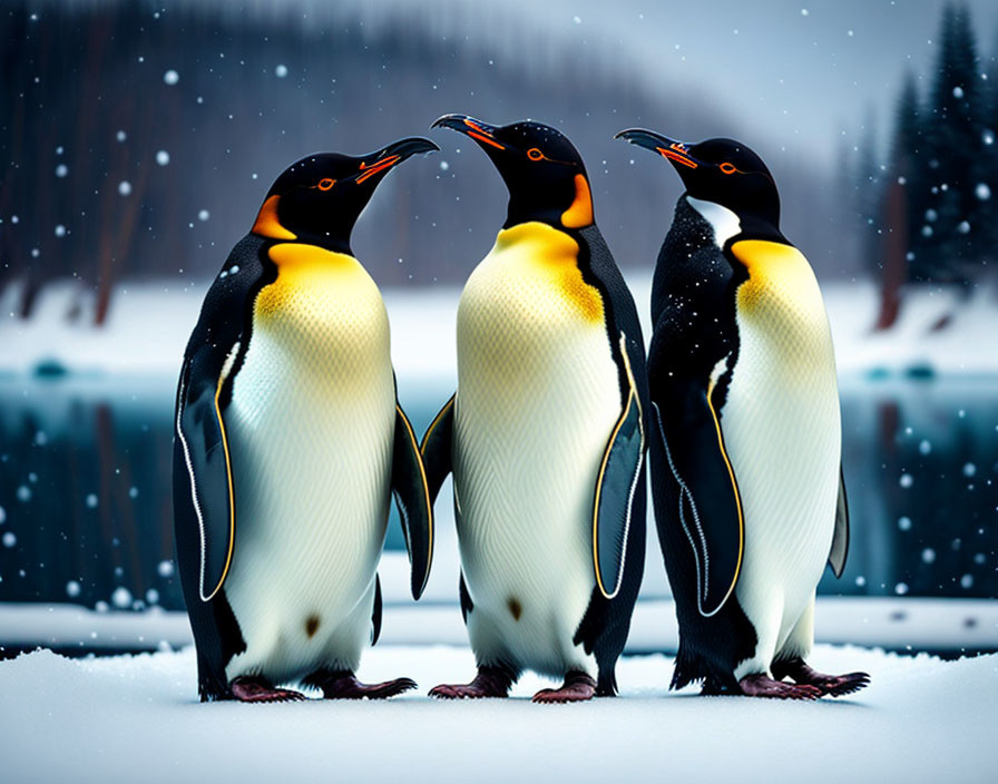 Emperor Penguins on Snowy Surface with Wintry Forest Background