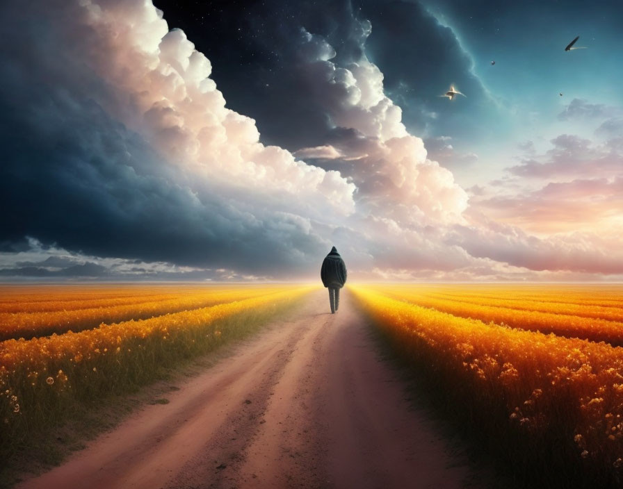 Person walking through vibrant yellow flower field with dramatic day-night sky transition.