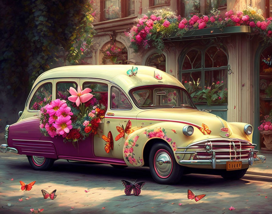 Vintage Yellow Car with Pink Flowers and Butterflies Outside Quaint House