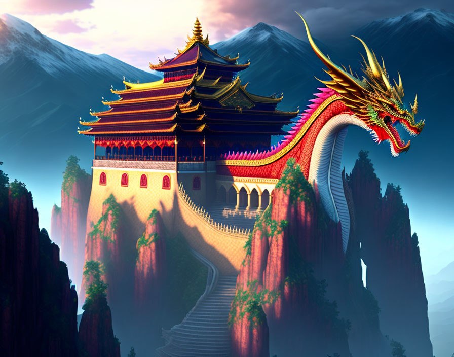 Mythical dragon and pagoda palace on misty cliffs at dusk