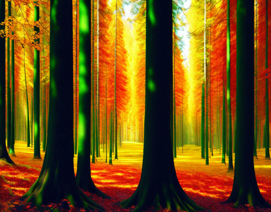 Lush forest scene: towering trees, green & red leaves, sunlight filtering through.