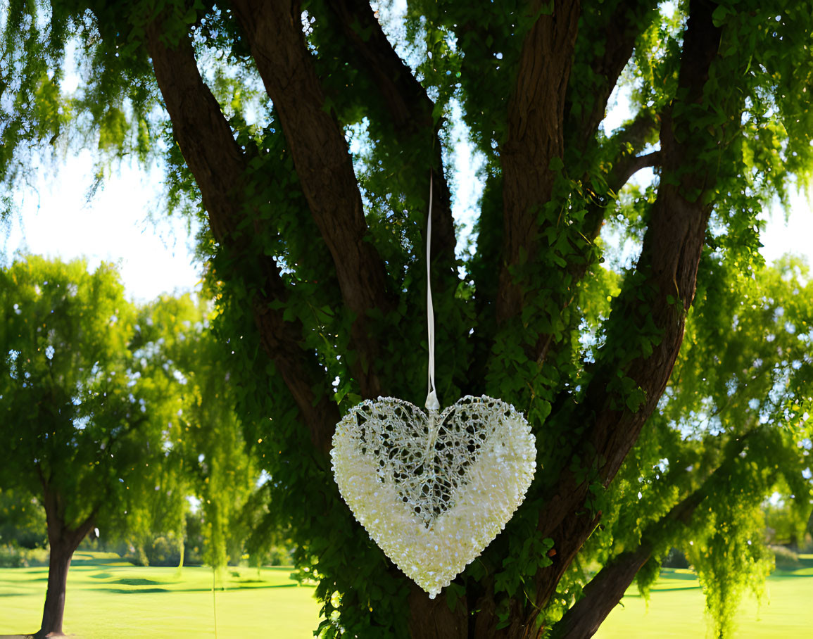 White Heart-shaped Decoration Hanging in Lush Green Park