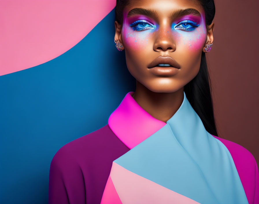 Colorful woman with blue eyeshadow and glitter on cheeks, against vibrant background