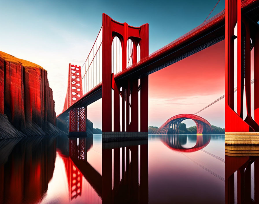 Vibrant Red Bridge and Pillars Reflected in Water at Sunset