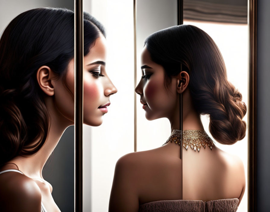 Side profile of woman with elegant hairstyle and glittering necklace in mirror