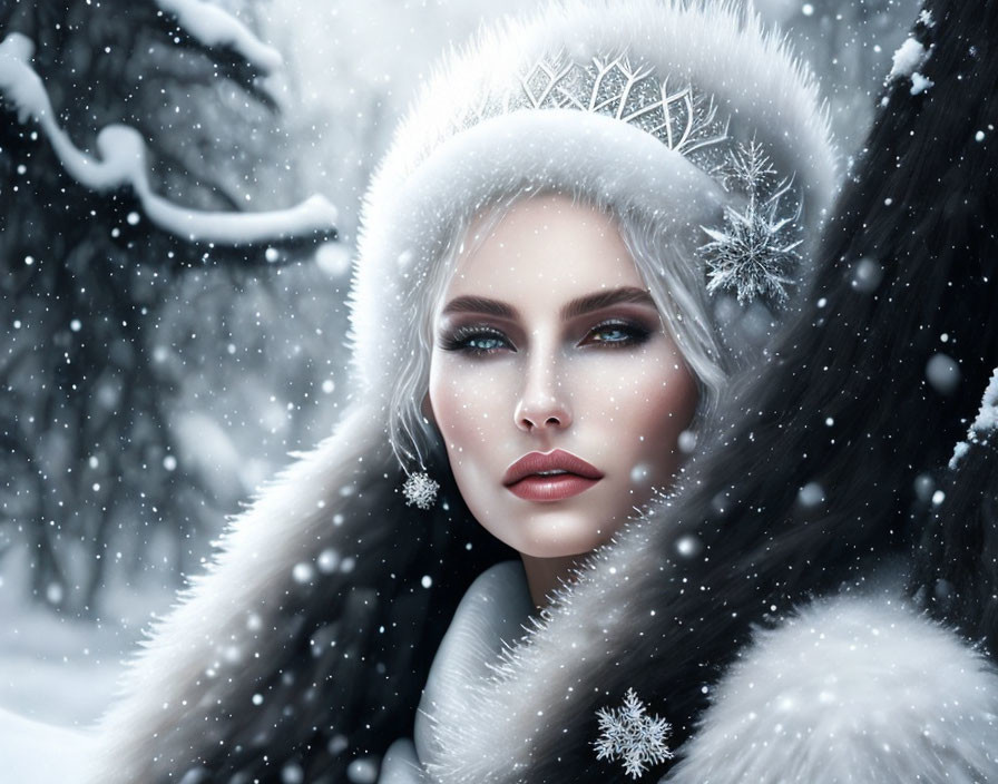 Woman in snowflake crown and white fur coat in snowy scene