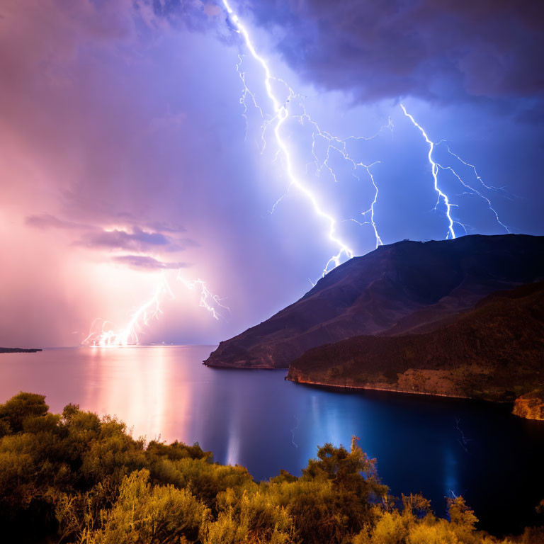 Thunderstorm with Lightning Strikes Over Lake and Mountains at Twilight