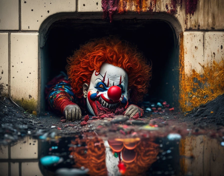 Menacing clown with red nose and orange hair in dark, debris-filled fireplace