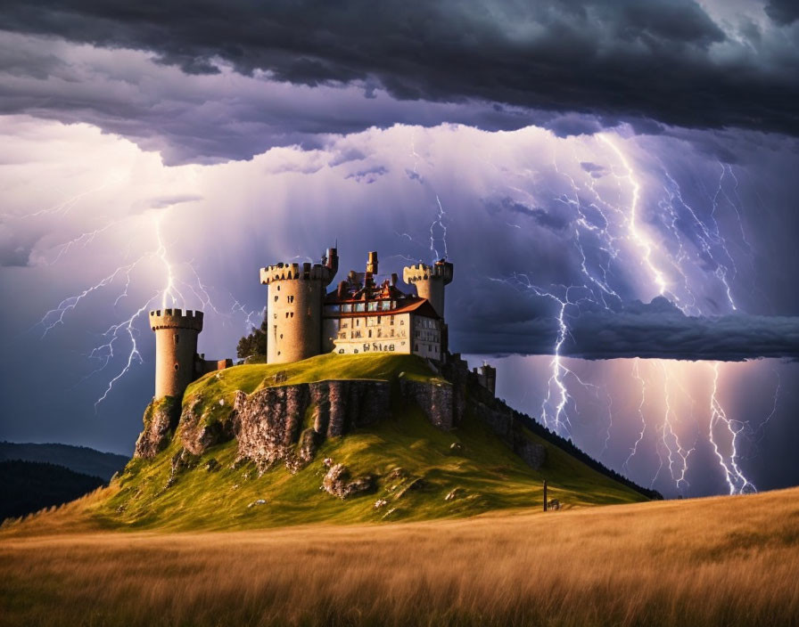 Majestic castle on grassy hill under stormy sky with lightning