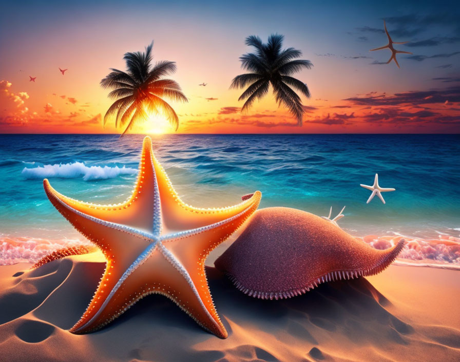 Colorful sunset beach scene with starfish, seashell, palm trees, and birds.