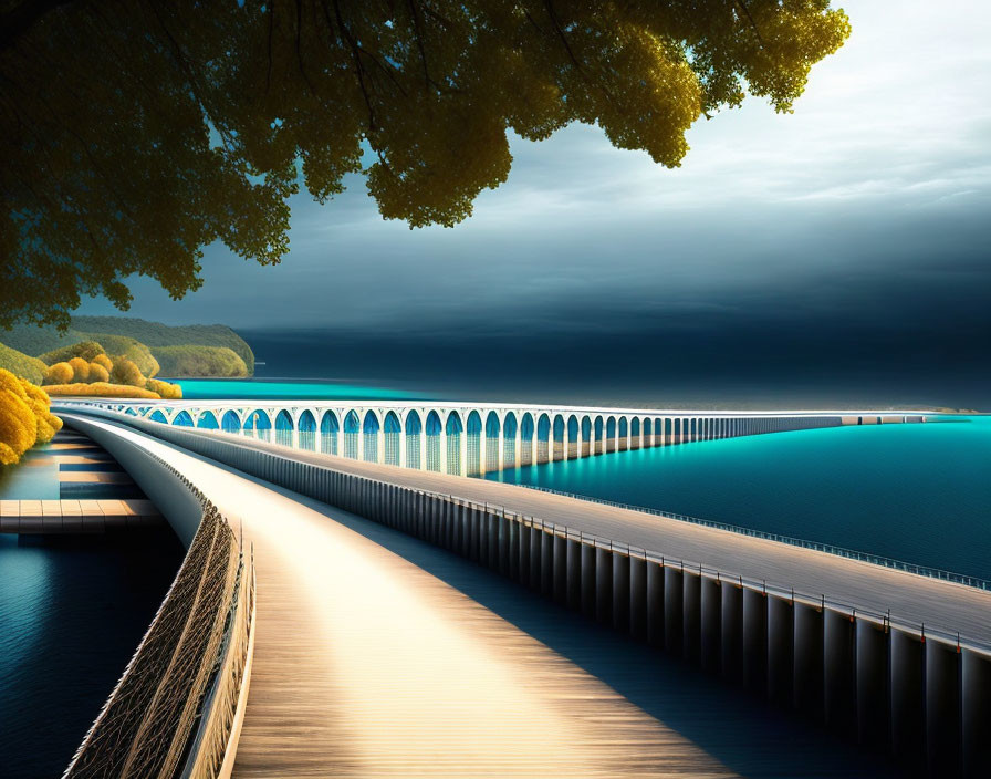 Tranquil landscape: Curved bridge over blue lake under dramatic sky