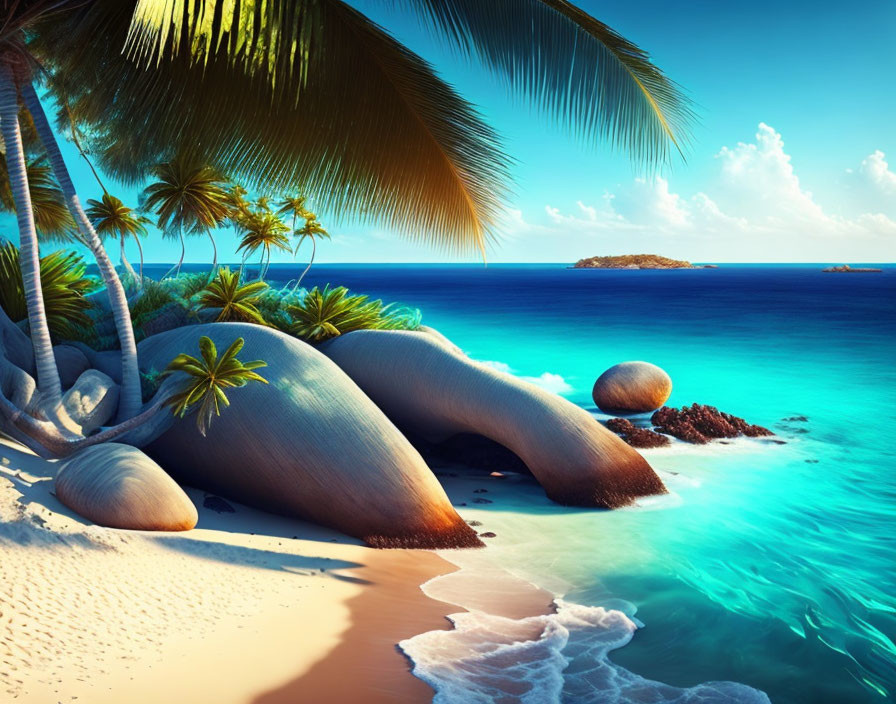 Tropical Beach Scene with Palm Trees, Clear Water, and White Sand