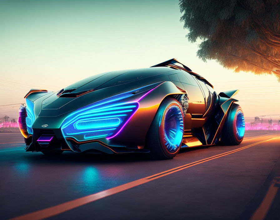 Futuristic car with glowing blue accents and neon wheels on street at dusk