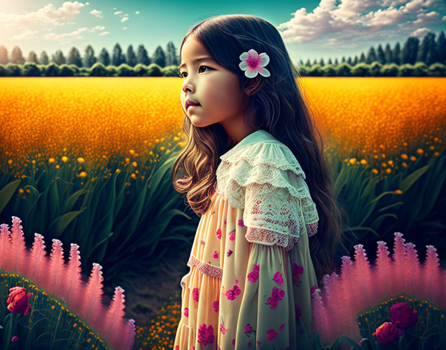 Young girl with flower in hair in vibrant field under dramatic sky