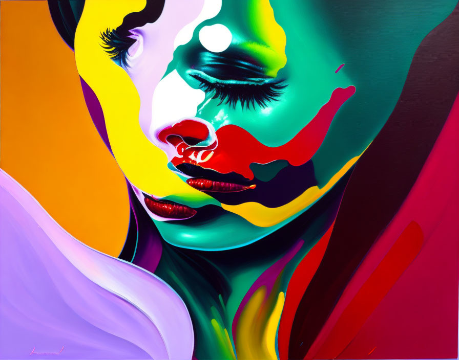 Colorful Abstract Painting of Exaggerated Woman's Face