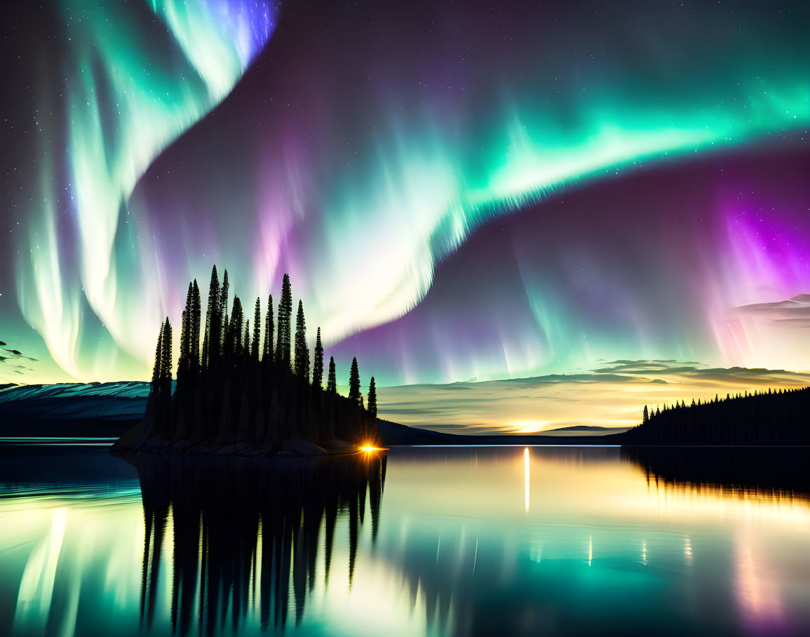 Colorful Aurora Borealis Over Tranquil Lake & Forested Island