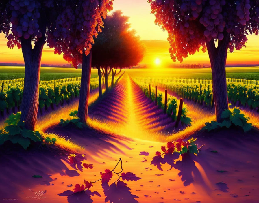 Scenic vineyard sunset illustration with grapevines and warm light