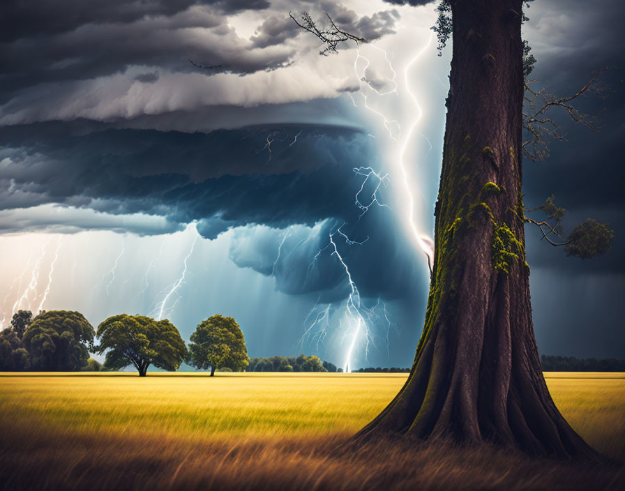 Thunderstorm with Lightning Bolts behind Tree in Golden Field