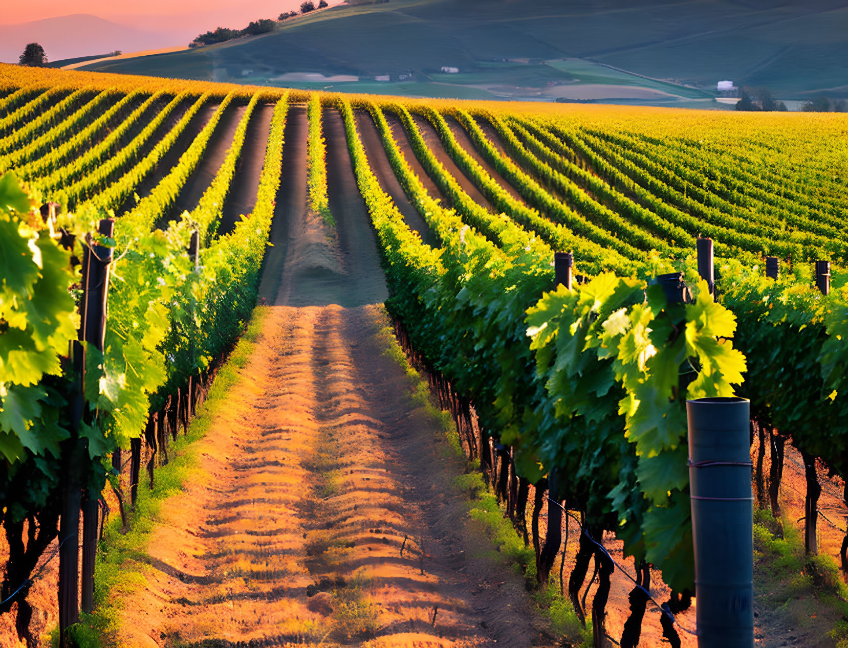 Sunset over colorful vineyard with grapevines and dirt path