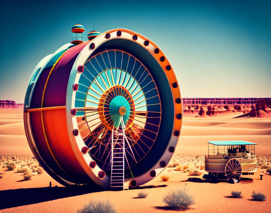 Vibrant futuristic Ferris wheel in desert landscape