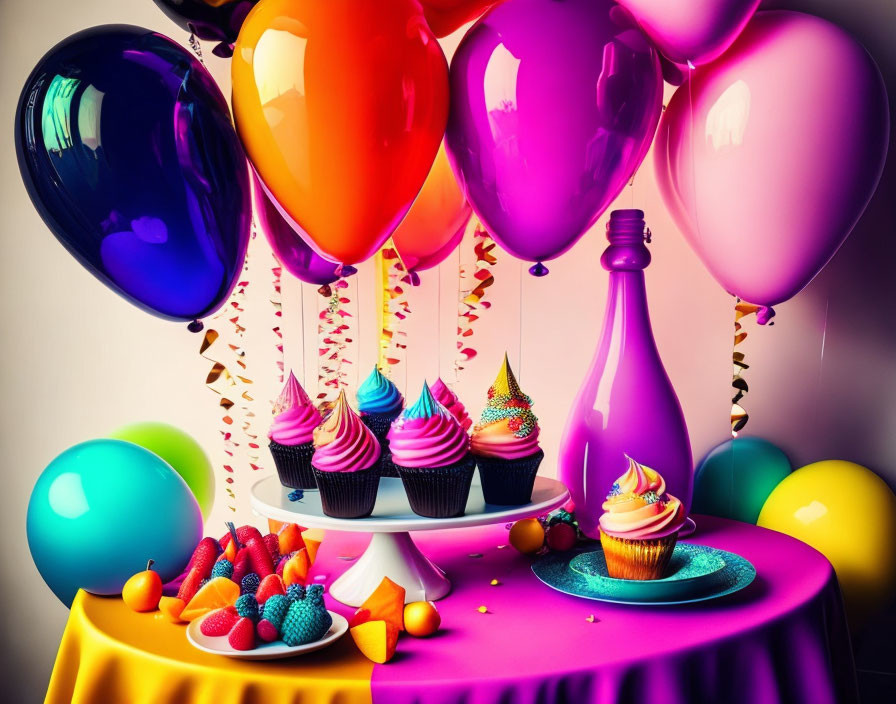 Colorful Balloons, Cupcakes, Fruits, Confetti, and Magenta Bottle on