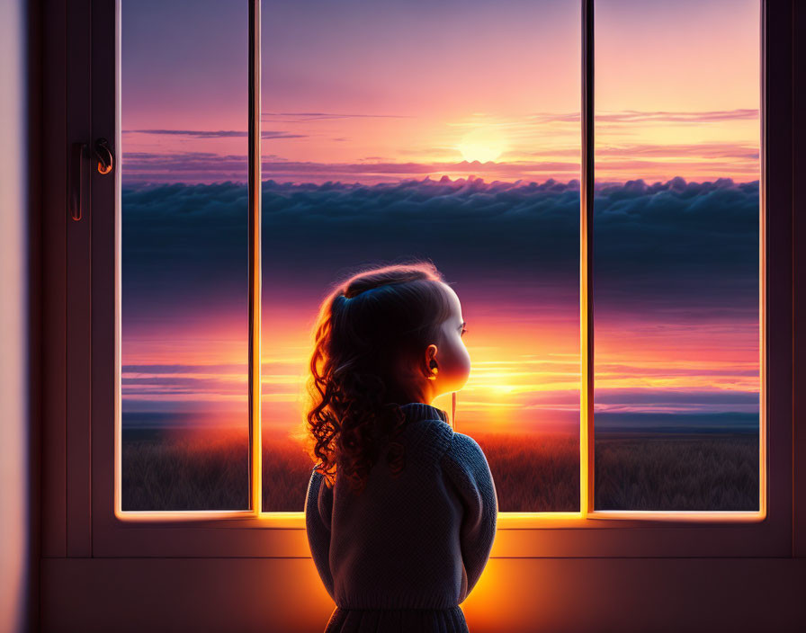 Child observing beautiful sunset silhouette through window