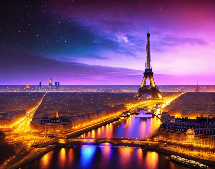 Twilight Paris skyline with illuminated Eiffel Tower & starry sky