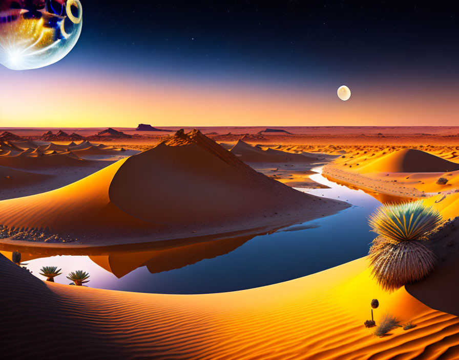 Twilight desert landscape with orange dunes, oasis, flora, and oversized moon with cityscape.