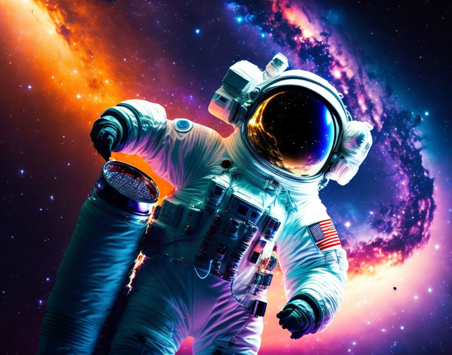 Astronaut in space suit floating before vibrant cosmic nebula