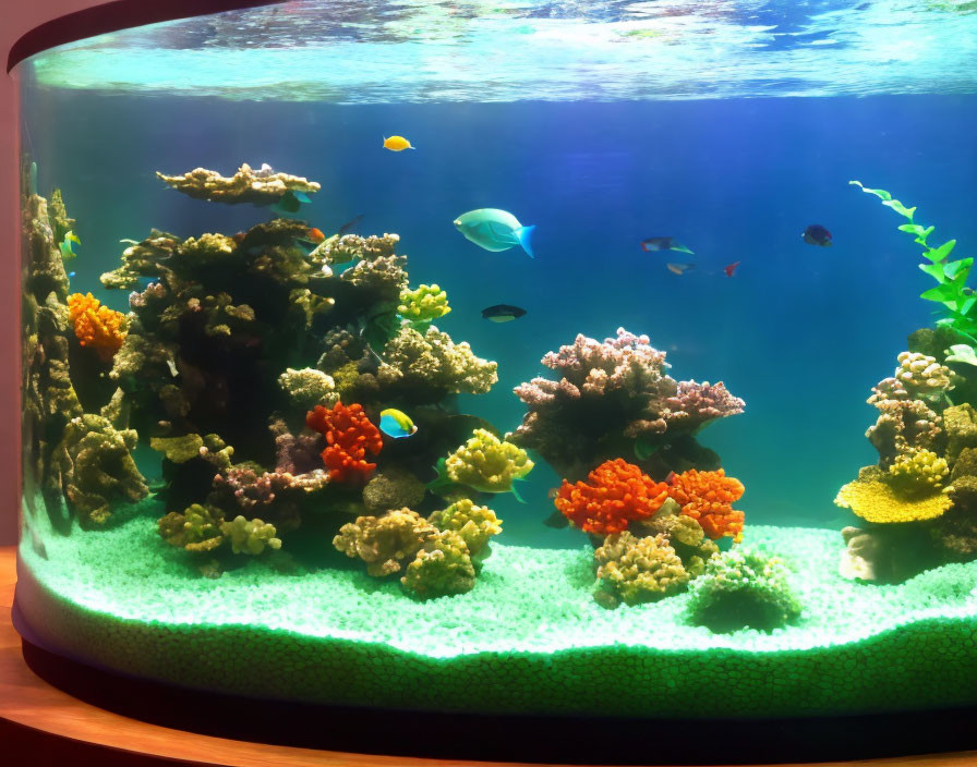 Colorful Coral and Tropical Fish in Curved Aquarium