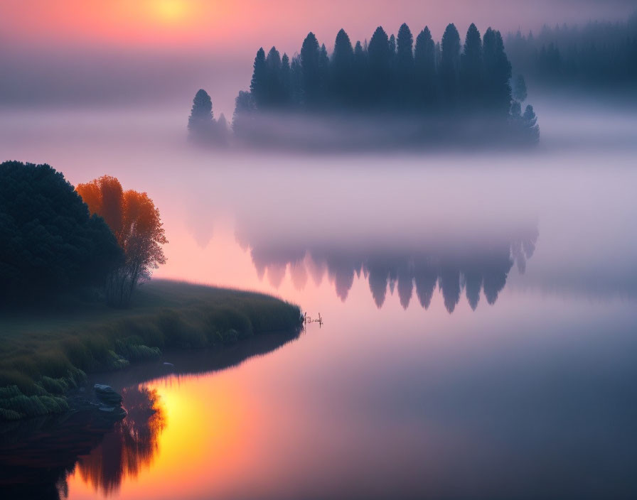 Serene lake scene at dawn with misty fog, reflective trees, and colorful sunrise. Lone fish