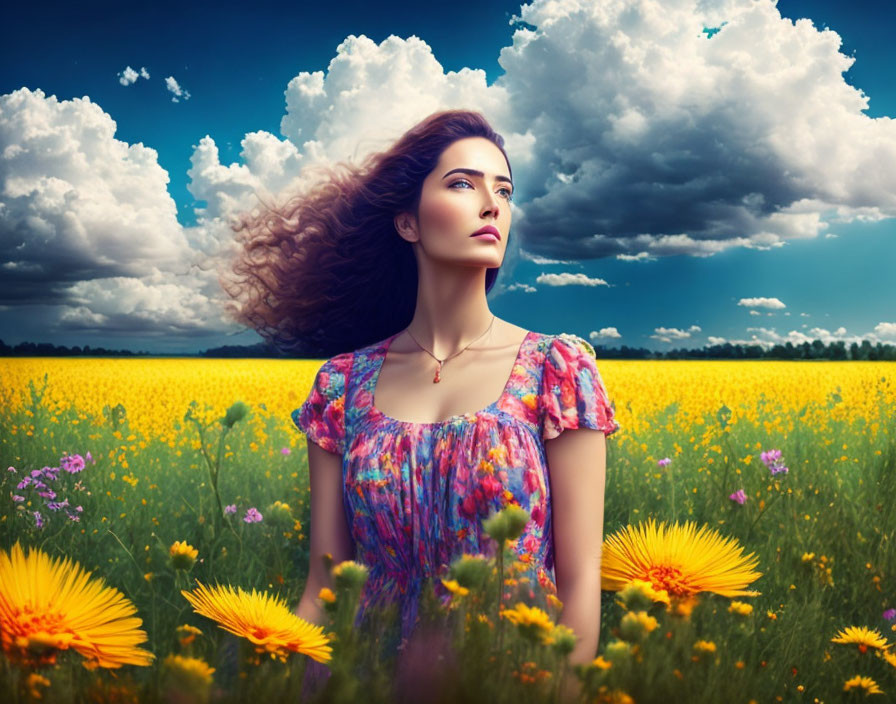 Woman with flowing hair in vibrant flower field under dramatic sky