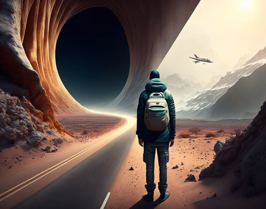 Person on Road with Massive Rock Arch and Plane in Surreal Desert Landscape