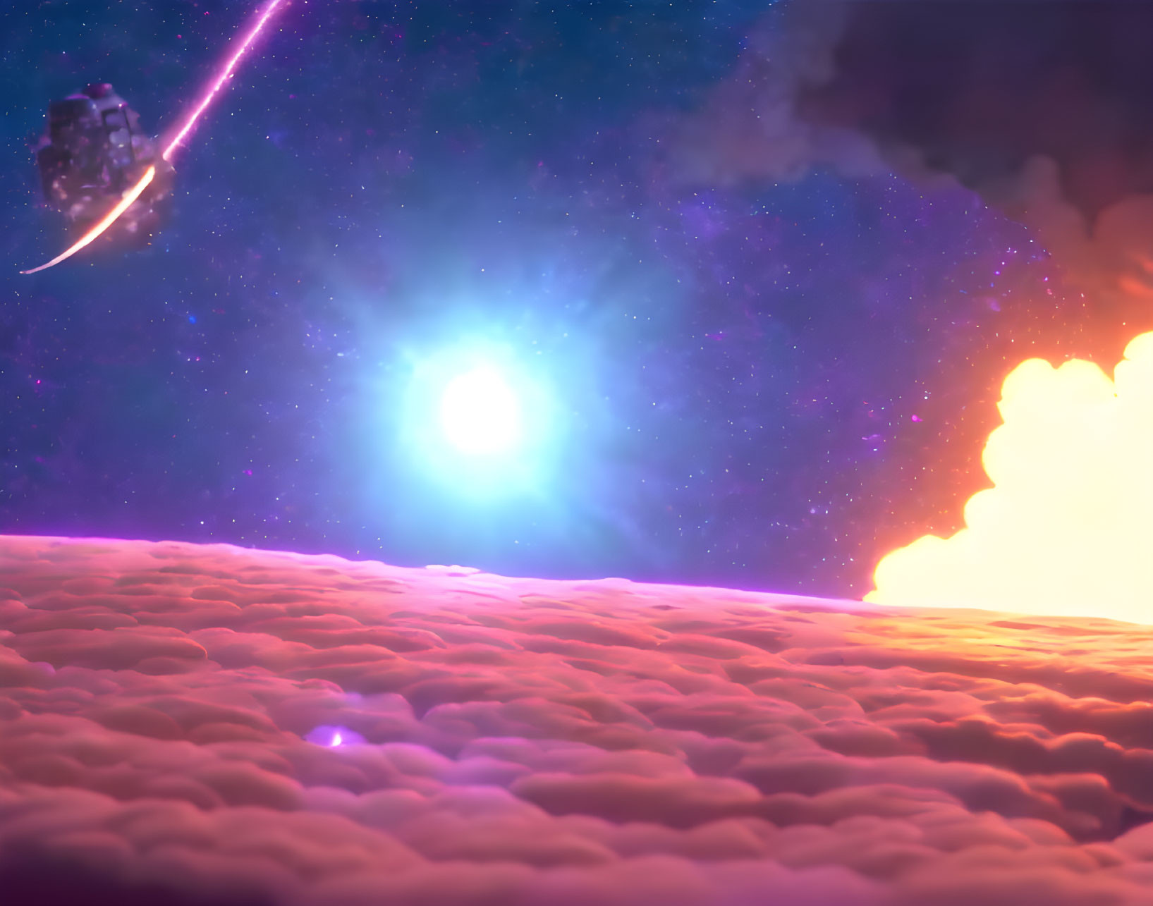 Colorful Cosmic Digital Art: Bright Blue Star, Meteor Trail, Pink Clouds & Spaceship