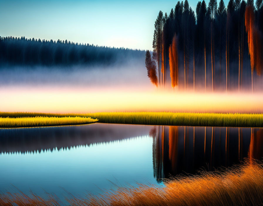 Serene Sunrise Scene: Misty Lake Reflecting Forest, Gradient Sky