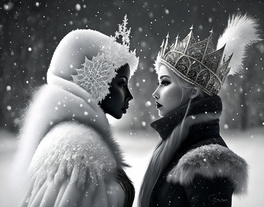 Stylized female figures in black and white attire in snowy setting