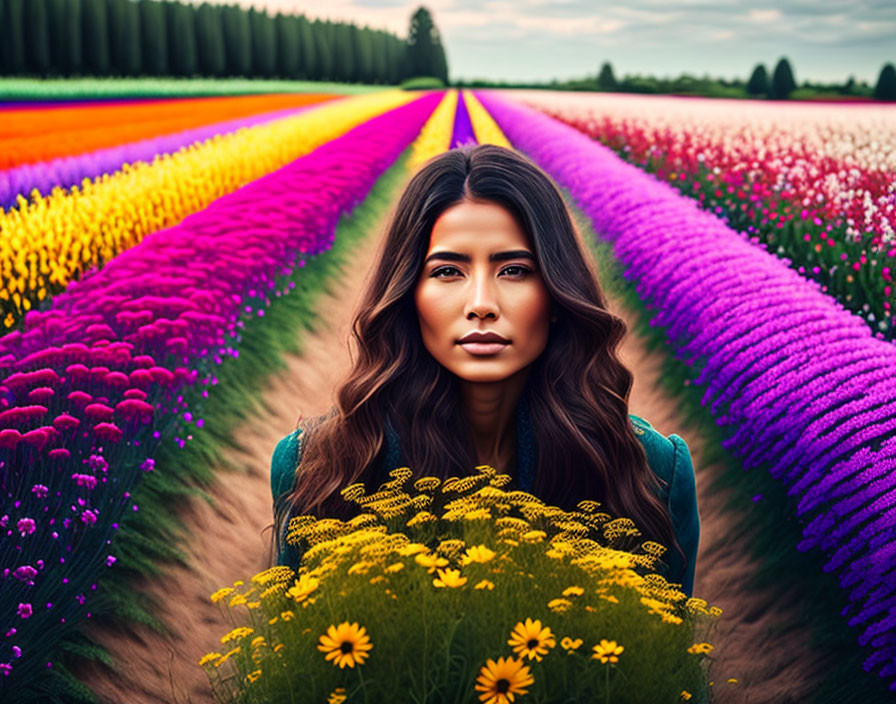 Woman with long brown hair in vibrant tulip field holding yellow daisies