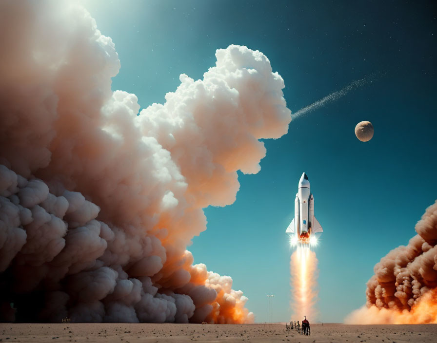 Space shuttle launch against blue sky, stars, and planet.