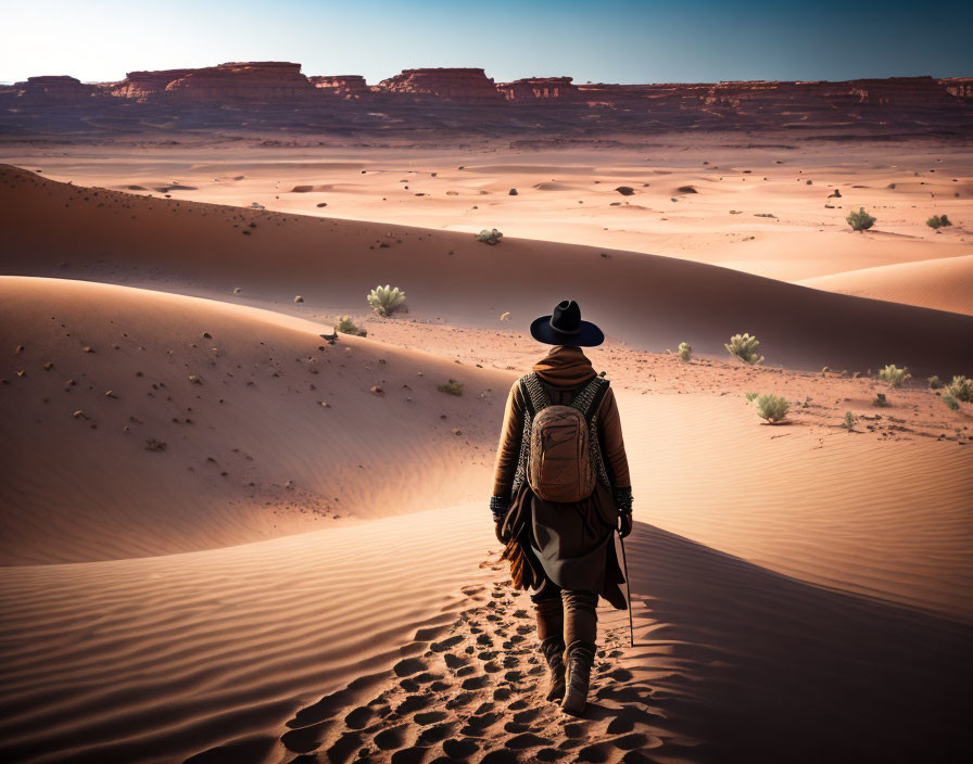 Person with hat and backpack walking on sandy desert dune with layered rock formations in the distance