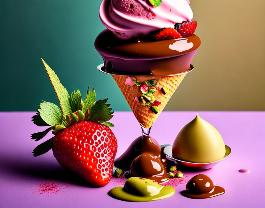 Colorful Gravity-Defying Ice Cream Cone with Pink and Chocolate Layers