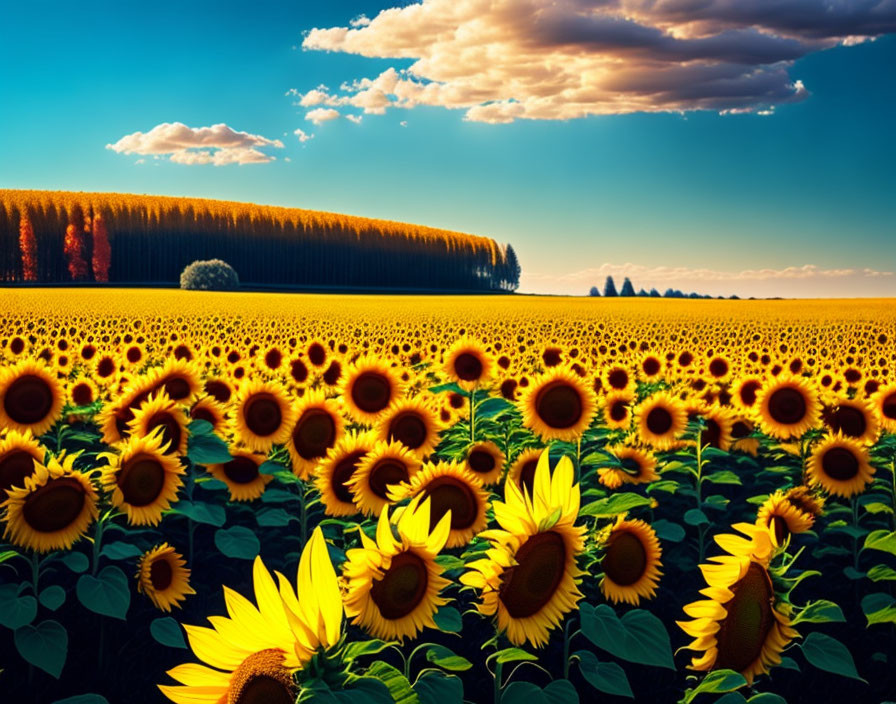 Sunflower field under blue sky with trees and sunset glow