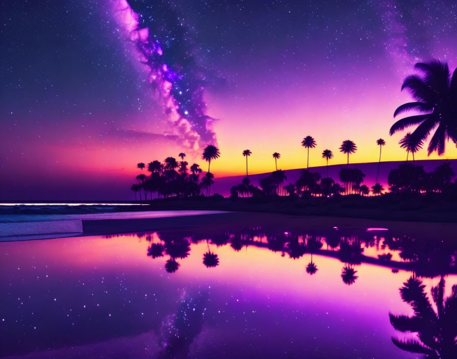 Vibrant purple and pink sunset over beach with palm tree silhouettes