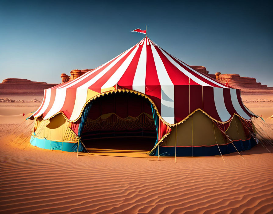 Vibrant Striped Circus Tent in Desert Landscape