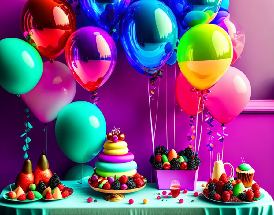 Vibrant balloons and dessert table on purple backdrop