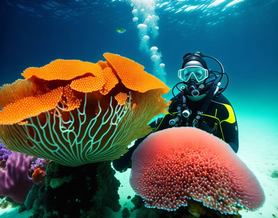 Colorful coral reefs and bubbles in vibrant underwater scene