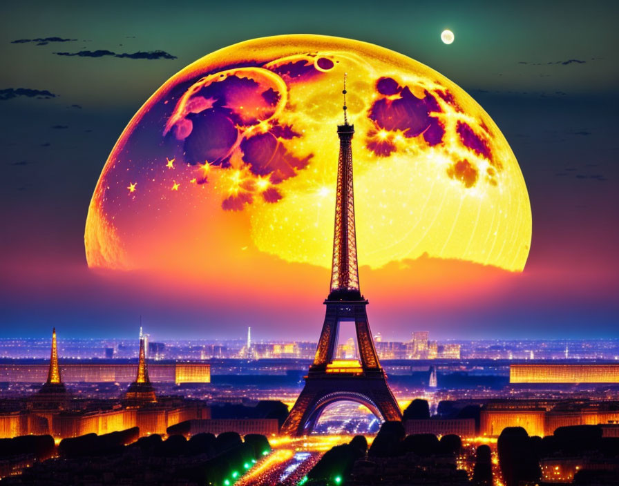 Vividly colored moon rises behind Eiffel Tower at night