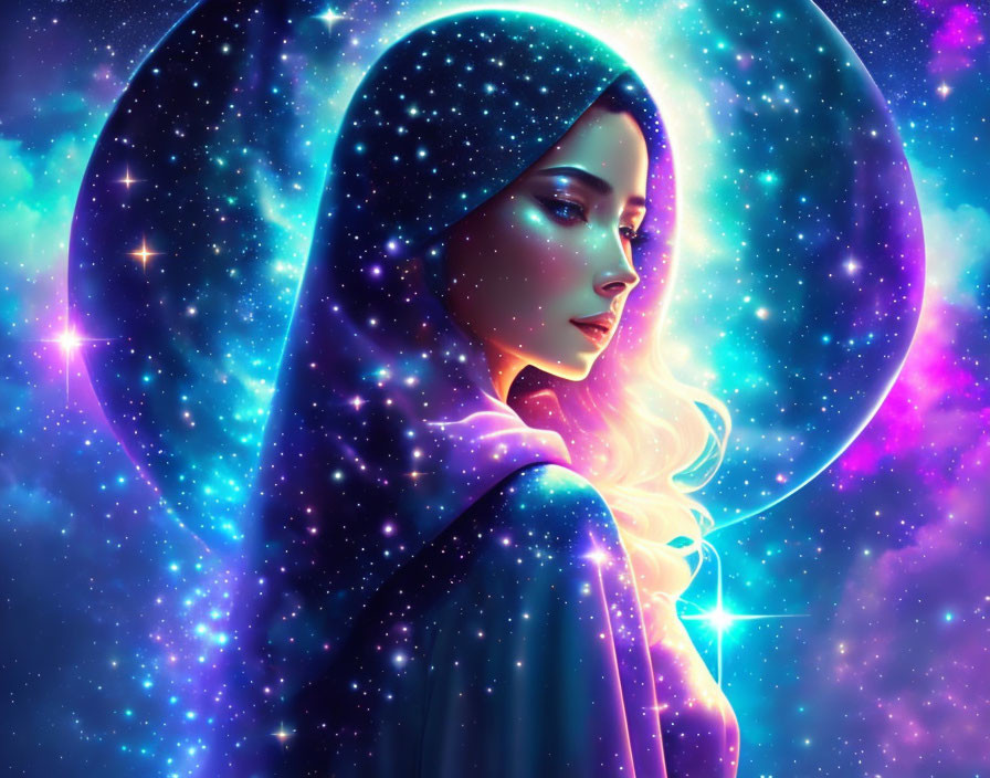 Woman with cosmic halo, stars in cloak and hair, vibrant blue and purple glow