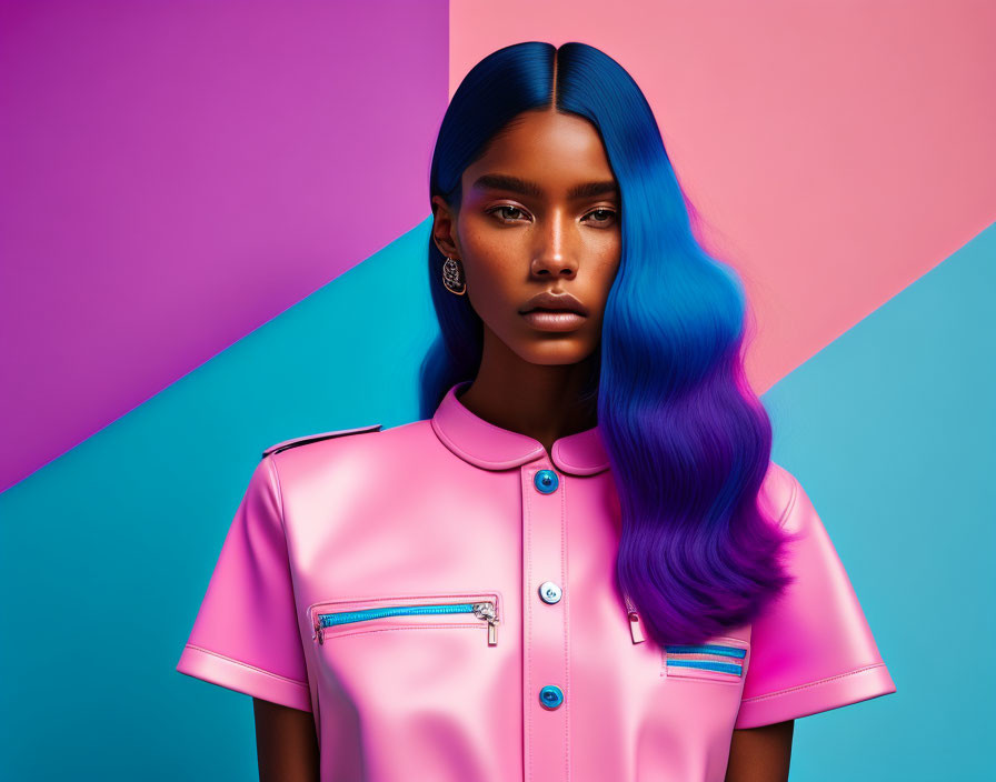 Blue-haired woman in pink jacket on vibrant geometric backdrop