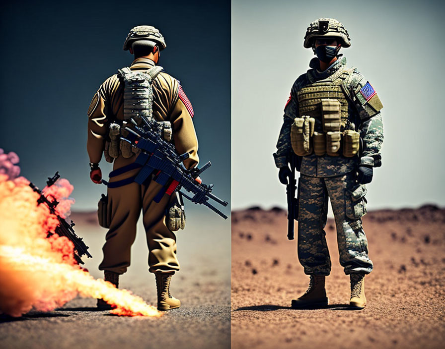 Military-themed action figures in soldier gear with rifle and hands on hips.