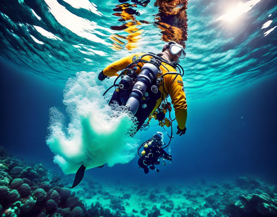 Underwater exploration: Scuba diver in yellow suit amidst coral reefs